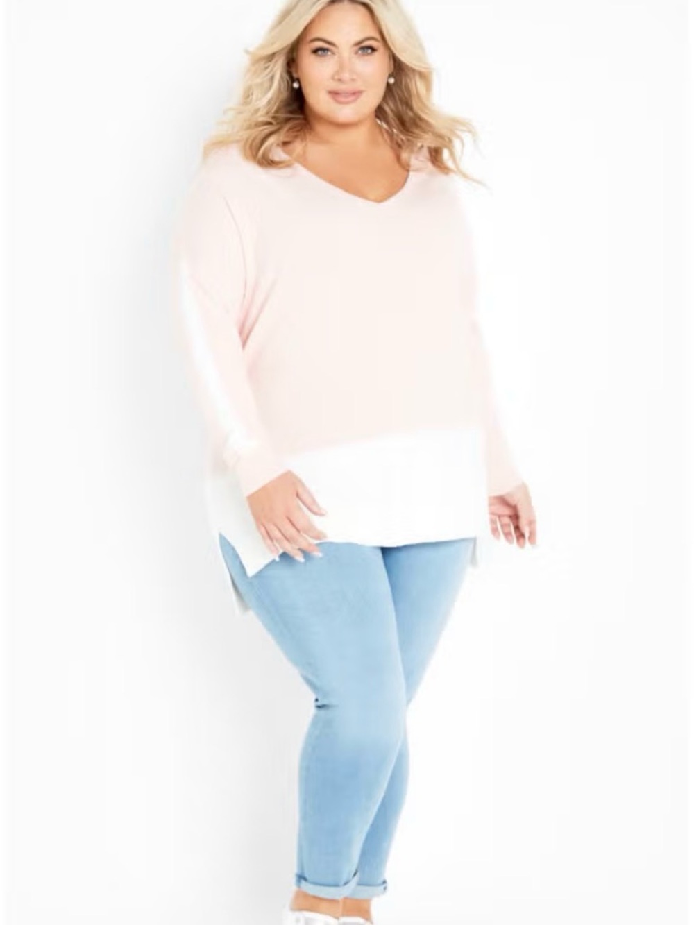 Plus Size So Sweet  Colorblock Pullover Sweater Light Pink and White